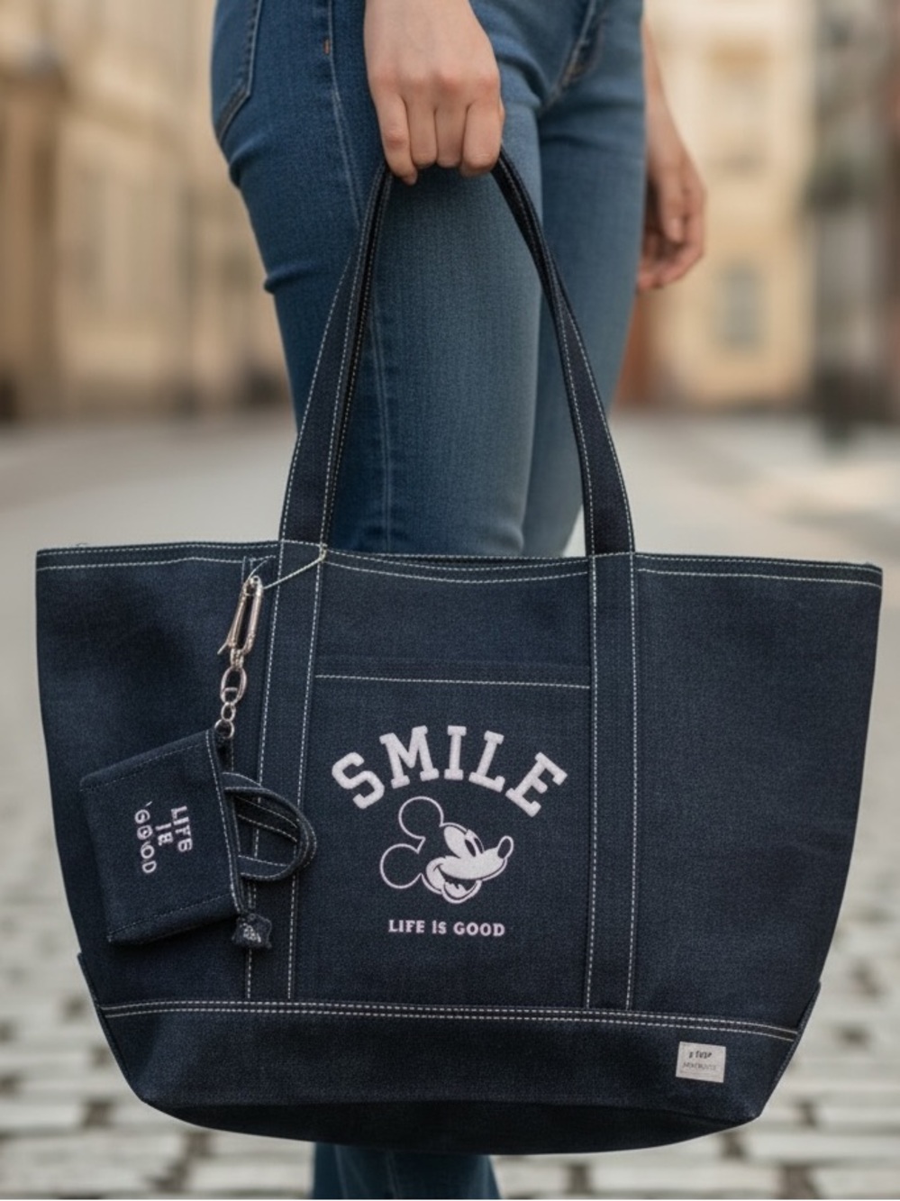 Life is Good Black Canvas Denim SMILE Mickey Mouse Disney Tote Bag